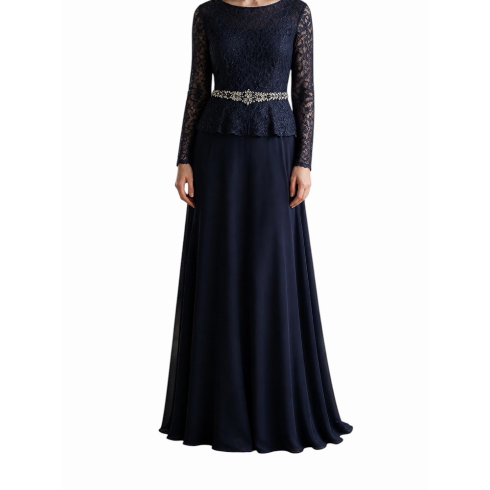Lace Peplum Navy Evening Gown with Beaded Waist